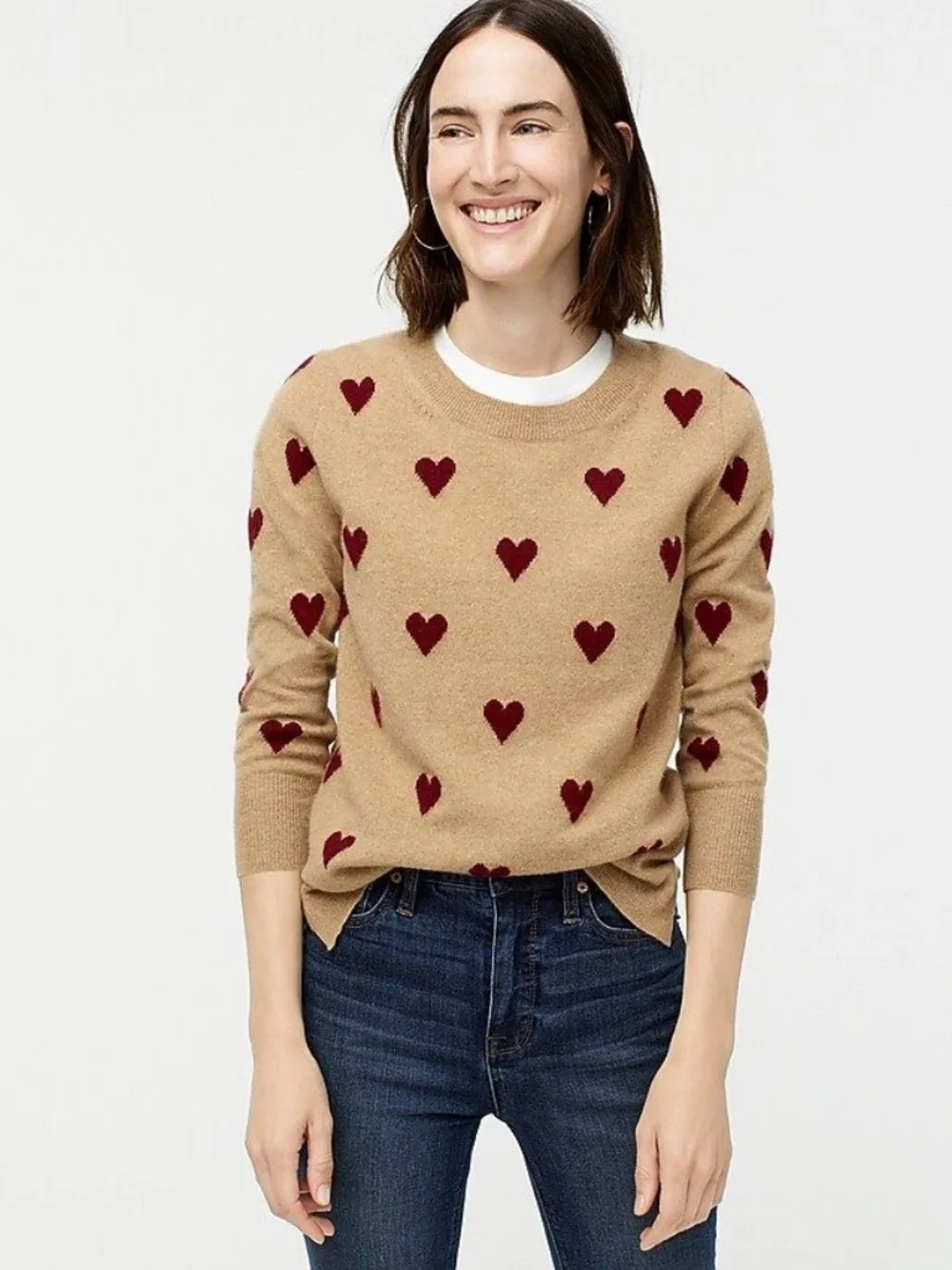 J.Crew Everyday Cashmere Crewneck Sweater with Intarsia Knit Hearts